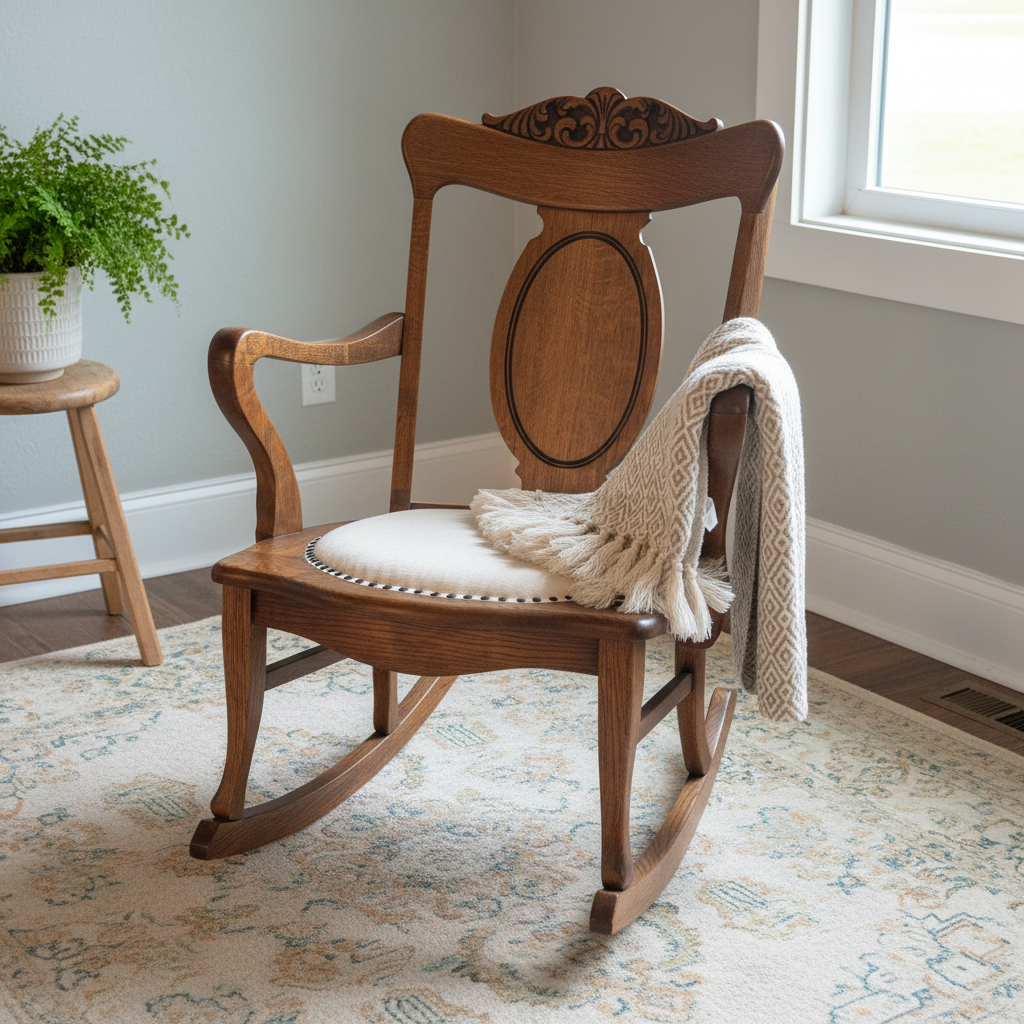 Vintage Solid Oak Rocking Chair in Farmhouse Setting